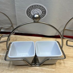 The Pampered Chef Simple Additions silver Caddy with 2 Small White Bowls EUC